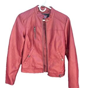 Red Vegan-Leather Biker Jacket Red Women’s M Collarless Motorcycle